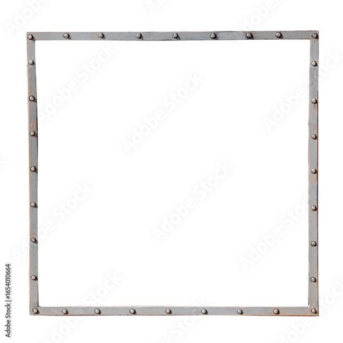 Metallic retro square frame with vintage rivets. Isolated on white background. Can be used for steampunk, mechanical design and industrial aesthetics. Vintage-inspired metal frame