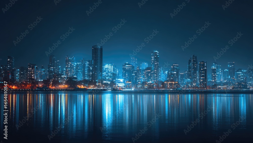 Fototapeta premium City skyline at night with vibrant reflections