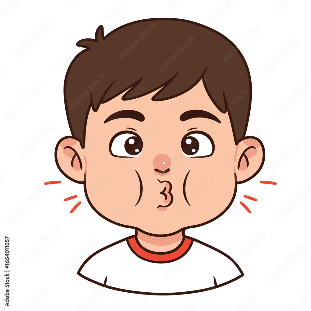 Cartoon illustration of a young boy with brown hair puffing his cheeks and holding his breath.