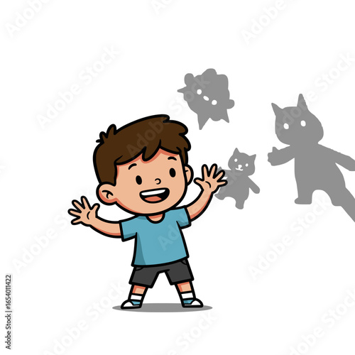 Cheerful cartoon boy with brown hair blue shirt and dark shorts arms raised happily.