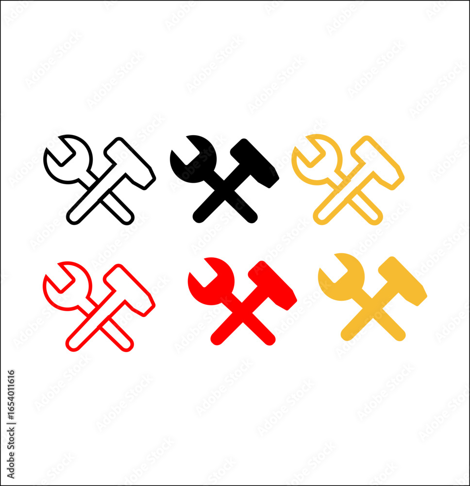 Obraz premium A collection of six stylized icons featuring a crossed wrench and hammer, presented in black, red, yellow, and pink.