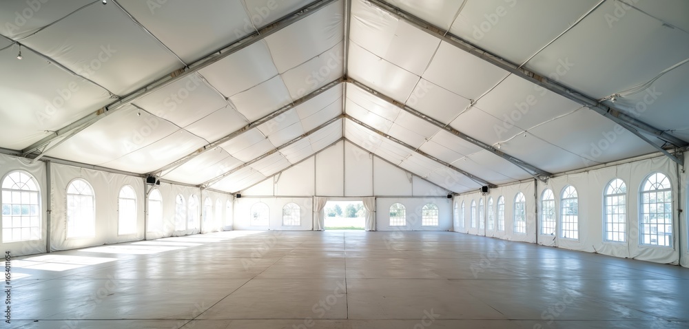 Fototapeta premium Spacious white event tent interior with high ceilings, arched windows, ideal for weddings, large gatherings. Vast empty hall offers blank canvas for event decoration, with sunlight illuminating