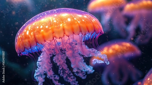 Glowing neon Jellyfish Underwater. Jellyfish Texture. Close-Up of Jellyfish. Bioluminescent Jellyfish. Jellyfish Tentacles. Pattern of Jellyfish. Detailed Jellyfish Texture. Natural Ocean Creatures.