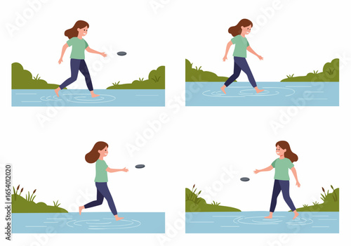 A sequence of illustrations depicting a smiling woman barefoot in water, focused on the joyful act of skipping a flat stone.