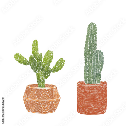 Cactus Set in Pots – Linocut Style Botanical Illustrations