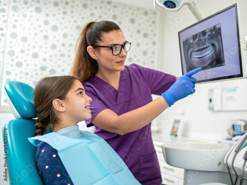 Dental hygienist reviews X-ray with young patient