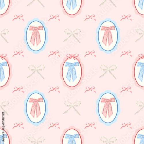 Seamless Pastel Bow and Pearl Pattern. Cute Girly Kawaii Retro Aesthetic Vector Background