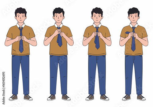 Illustrated steps of a young man tying a blue necktie, demonstrating the process of adjusting the knot.