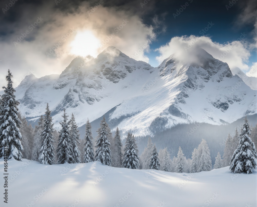 Obraz premium Snowy Mountain Landscape with Sunlight Piercing Through Clouds