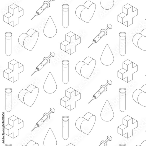 Seamless Blood Lineart Pattern — Drop, Syringe, Heart, Cross, Vial