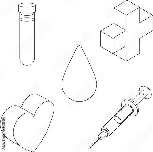Blood Lineart Icon Set — Drop, Syringe, Heart, Cross, Vial