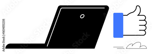 Open laptop paired with blue thumbs-up hand symbolizing approval, success, and positivity. Ideal for feedback, productivity, communication, remote work, online learning, teamwork and user