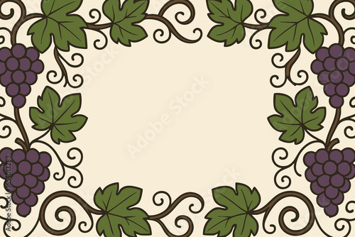 Ornate grapevine border with purple grapes and curling leaves on cream background