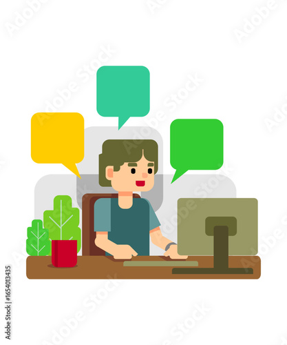 Flat design illustration of a young man using a computer with colorful chat bubbles, symbolizing online communication, social media, messaging, or digital conversation.