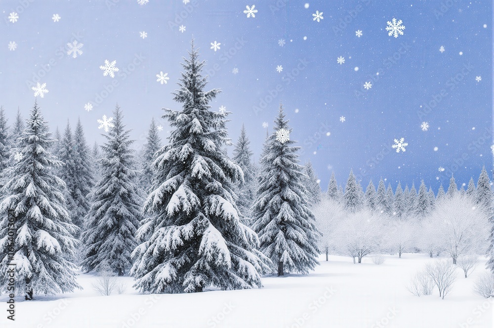 Fototapeta premium Snow-covered pine trees under a clear blue sky with falling snowflakes