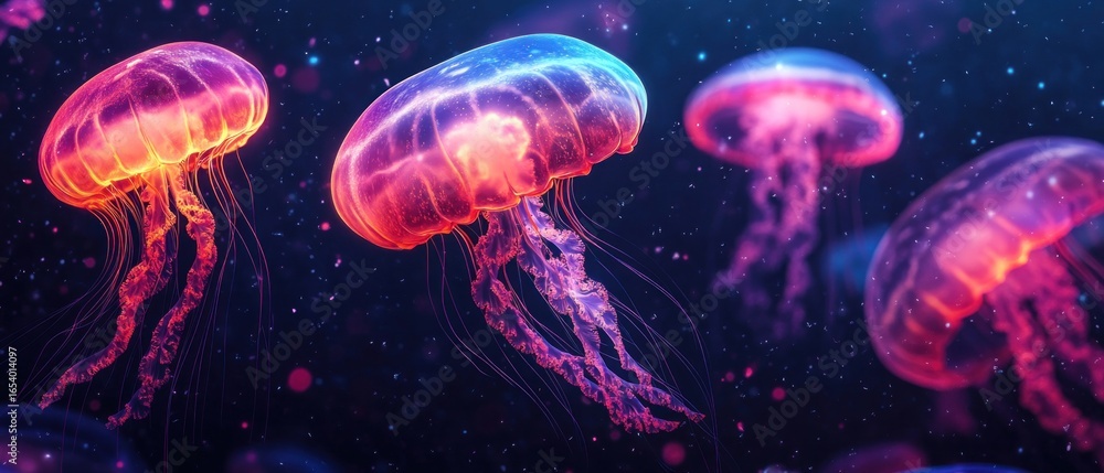 Naklejka premium Glowing neon Jellyfish Underwater. Jellyfish Texture. Close-Up of Jellyfish. Bioluminescent Jellyfish. Jellyfish Tentacles. Pattern of Jellyfish. Detailed Jellyfish Texture. Natural Ocean Creatures.