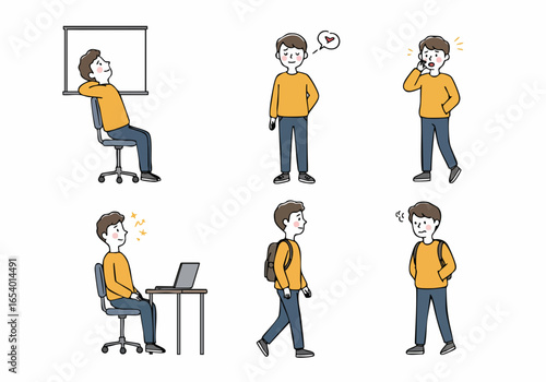 Illustrations of a young man in various situations and emotional states, including thought, love, surprise, work, walking, and frustration.