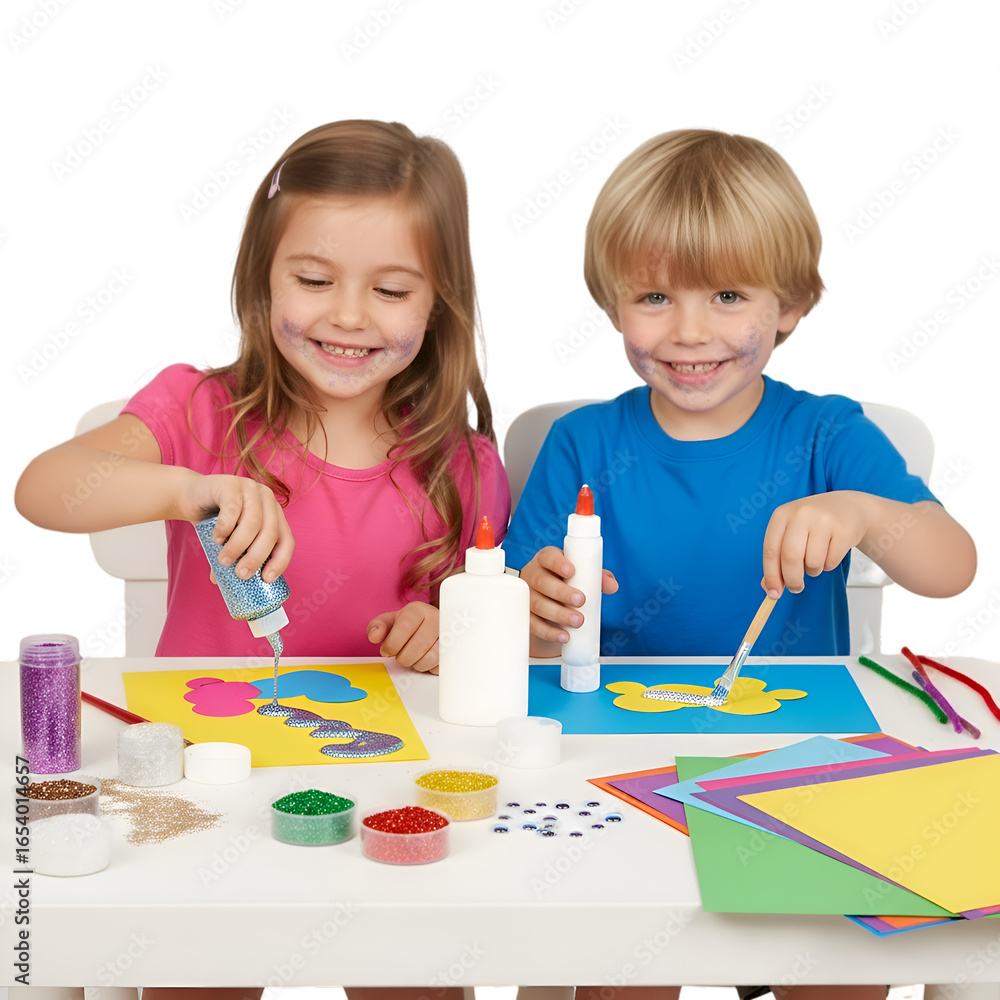 Joyful children creating vibrant art projects together, enjoying creative fun with glitter, glue, and colorful paper on a bright, inviting surface Joyful children creating vibrant art projects together, enjoying creative fun with glitter, glue, and colorful paper on a bright, inviting surface