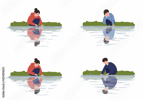 Individuals engaged in deep self-reflection, contemplating their identities while gazing at their clear reflections in still water, illustrating moments of introspection and self-discovery.
