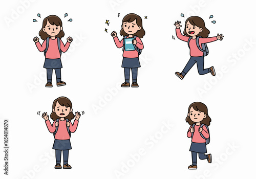 Illustrations of a schoolgirl showing stress, anxiety, panic, and confusion, depicting common emotional reactions and challenges faced by students.