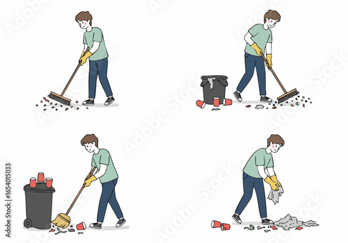 Young person cleaning up litter and trash with a broom and cloth, demonstrating tidiness and waste collection
