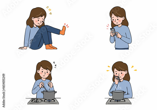 Everyday frustrations: A woman faces minor injury, smartphone issues, and cooking mishaps, depicting common daily challenges and domestic problems.