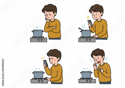Distracted man forgetting his cooking pot due to smartphone use, depicting the challenges of modern life and attention division.