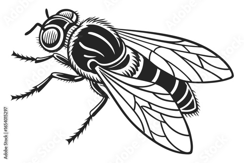 Detailed monochrome illustration of a fly isolated on white background