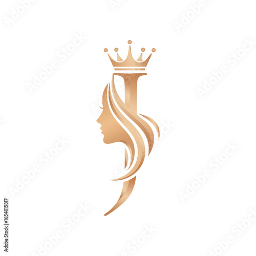 Initial J Beauty Queen Vector Logo - Elegant Woman Profile Silhouette Icon with Crown on Top.