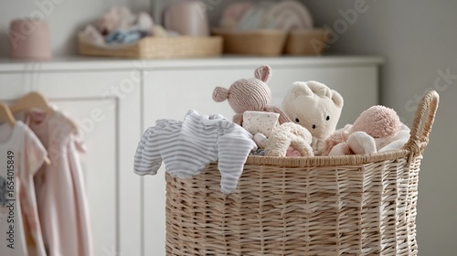 Laundry basket filled with baby clothes soft toys and small items creating a cozy and family friendly laundry scene in a home with a young child