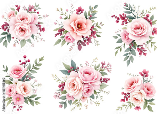 Elegant watercolor floral arrangements featuring pink roses with lush green foliage against black background