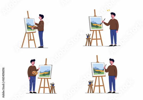 Illustration of a man painting a landscape on an easel, embodying artistic creativity and a passion for art.