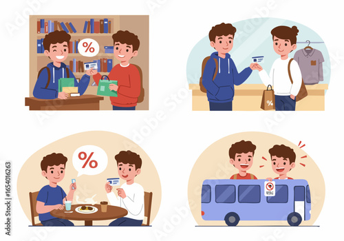 Happy students receiving discounts and enjoying perks at bookstores, shops, cafes, and on public transit, illustrating various benefits.