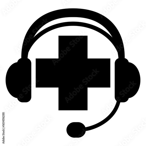 Logo medical. Icono silueta de auriculares con micrófono y cruz de sanidad