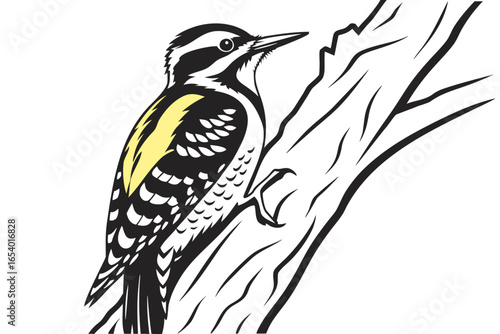 Hairy woodpecker perching on a tree branch isolated on white background