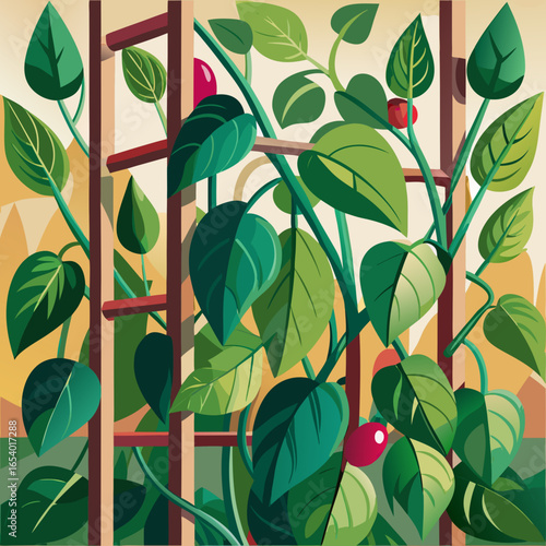 Vibrant green leaves and red berries on a wooden trellis isolated on white background