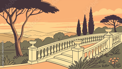Beautiful italian garden landscape vector illustration with balustrade and cypress trees art print