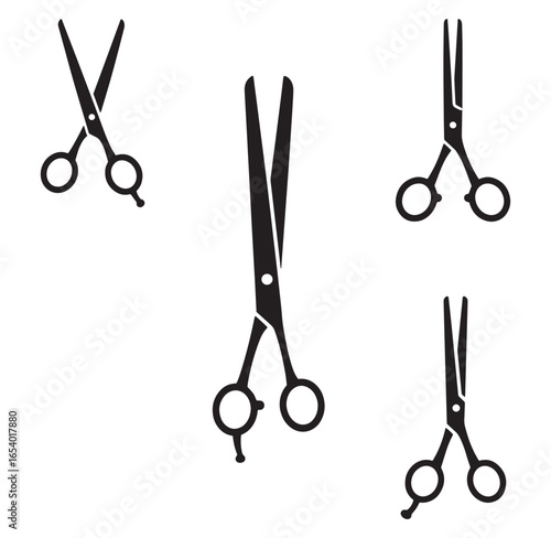 Black silhouettes of barber scissors in various open and closed positions on white background