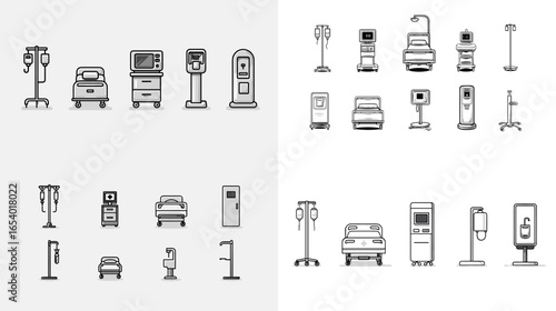 Collection of hospital equipment line icons including IV stands, beds, monitors, and oxygen machines. Perfect for healthcare apps, clinic infographics, and medical web illustrations.