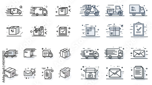 Collection of delivery and logistics icons including trucks, parcels, scooters, and envelopes. Line vector style perfect for courier apps, shipping websites, and logistics infographics.