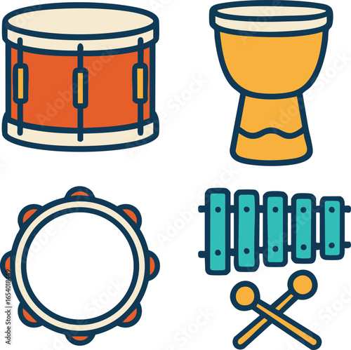 Percussion instrument icons snare drum djembe tambourine xylophone and gong
