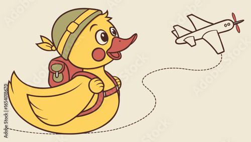 Cartoon duck traveler with backpack and hat flying airplane travel adventure vector illustration art