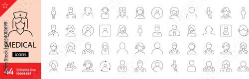 Medical related icon collections. Containing surgeons, dispatcher, nurses, medical assistants, healthcare and support staff. Editable stroke. Outline icons. Vector illustration.