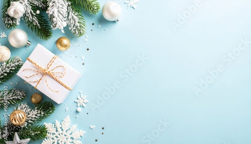 Festive gift arrangement with snowflakes and ornaments winter wonderland photography holiday cheer aerial view seasonal spirit