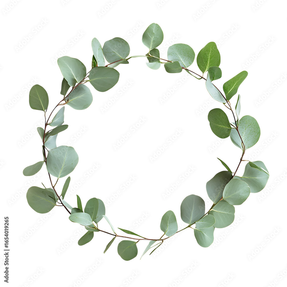 Obraz premium Eucalyptus wreath arrangement with delicate green leaves isolated on transparent background