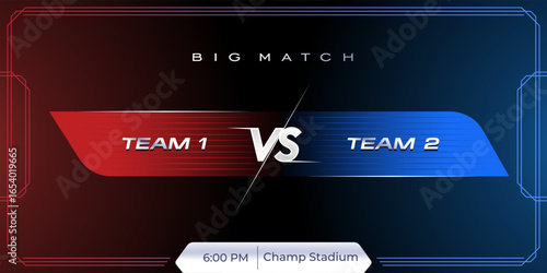 Versus VS scoreboard letters fight dark red and blue contestant in realistic style design with tech line concept. Dark gradient background with black red and blue color. Vector illustration.

