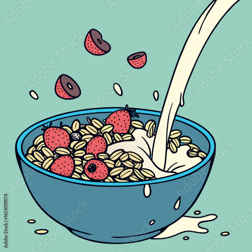 Delicious breakfast bowl with granola, milk, and fresh strawberries for healthy eating and morning nutrition