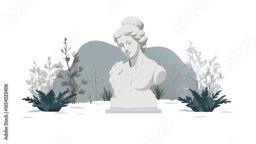 Winter garden sculpture art drawing of a woman bust statue in a park landscape illustration design