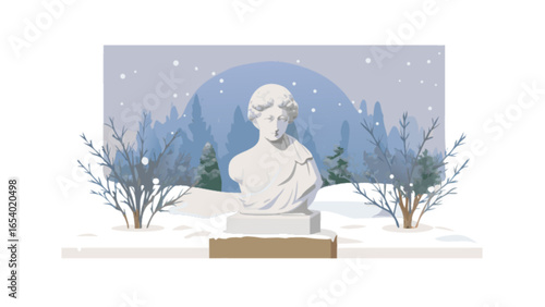 Winter landscape with statue art, snow scene, trees and forest background vector illustration design
