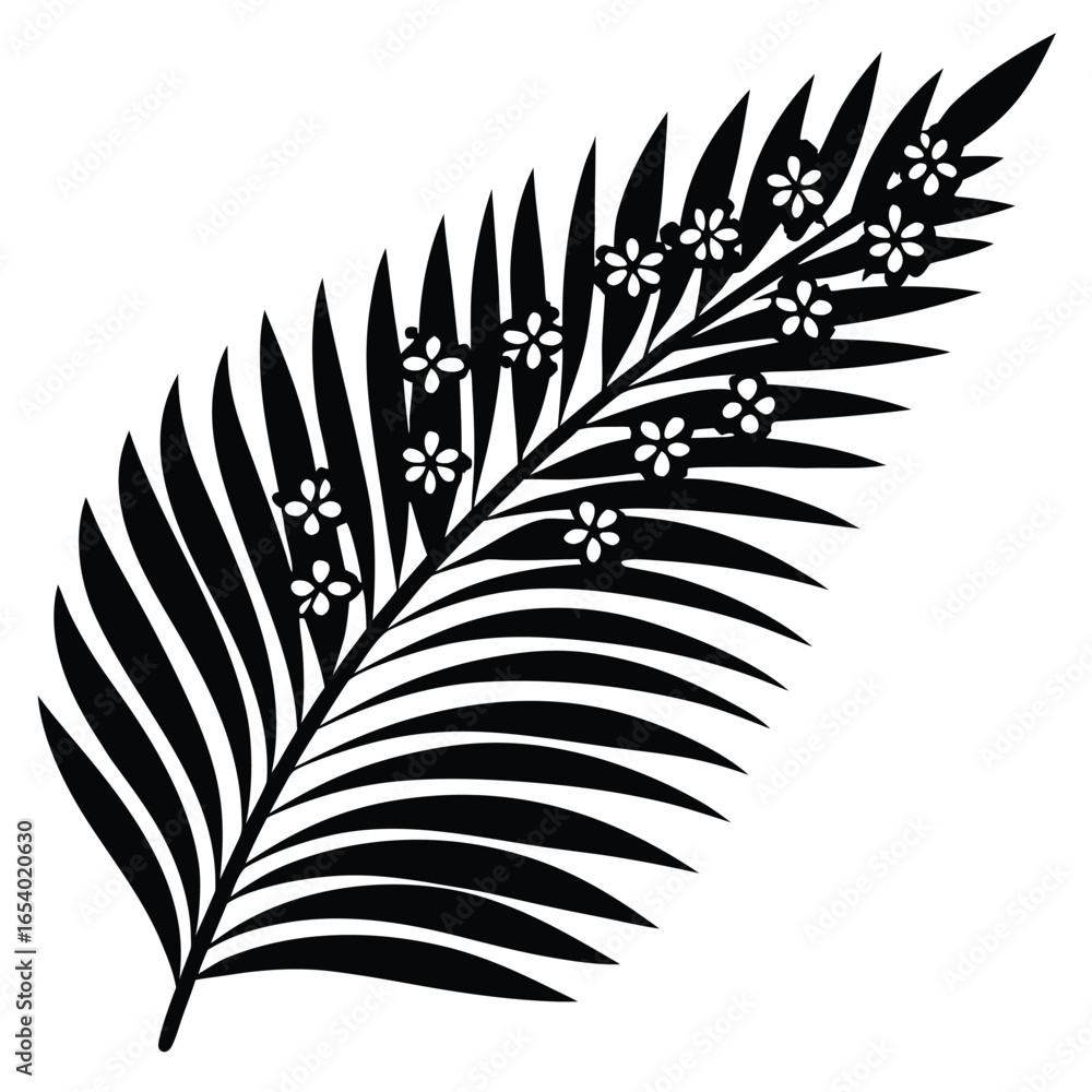 Obraz premium Silhouette Palm Leaf with Flowers on White Background